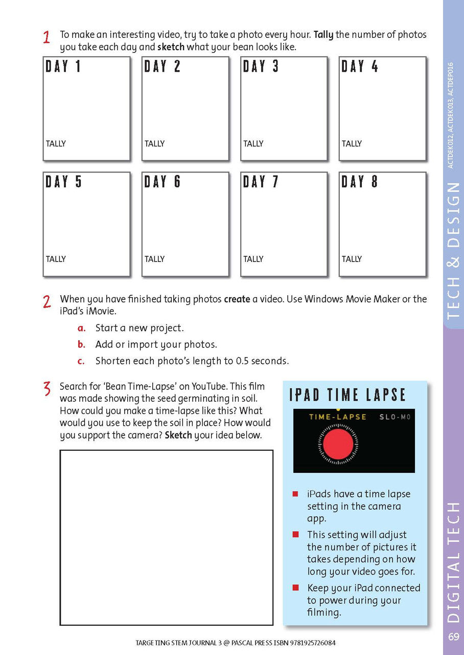 Sample interior page from Targeting STEM Year 3 showing part of a STEM project and its journal page