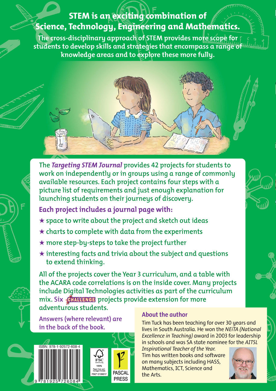 Back cover of Targeting STEM Year 3 by Tim Tuck, the Pascal Press STEM project journal