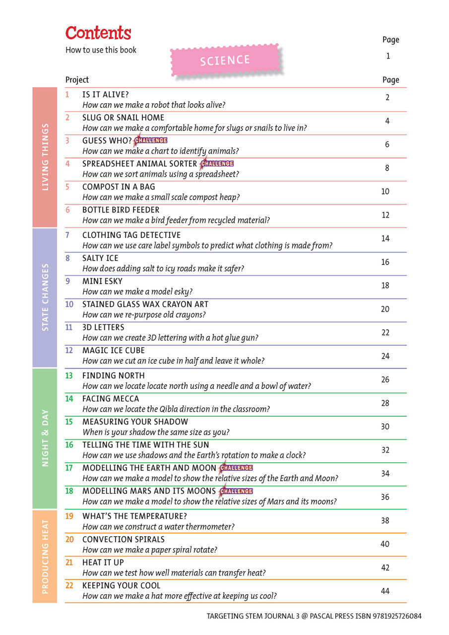 Sample interior page from Targeting STEM Year 3 showing part of a STEM project and its journal page