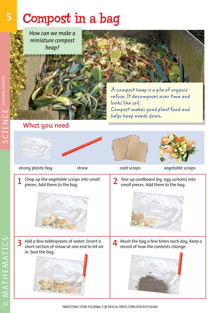 Sample interior page from Targeting STEM Year 3 showing part of a STEM project and its journal page