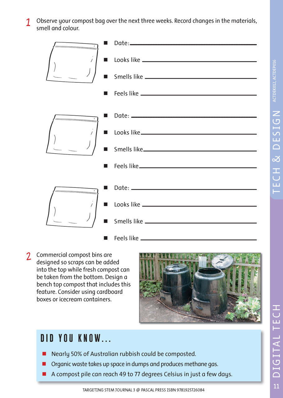 Sample interior page from Targeting STEM Year 3 showing part of a STEM project and its journal page