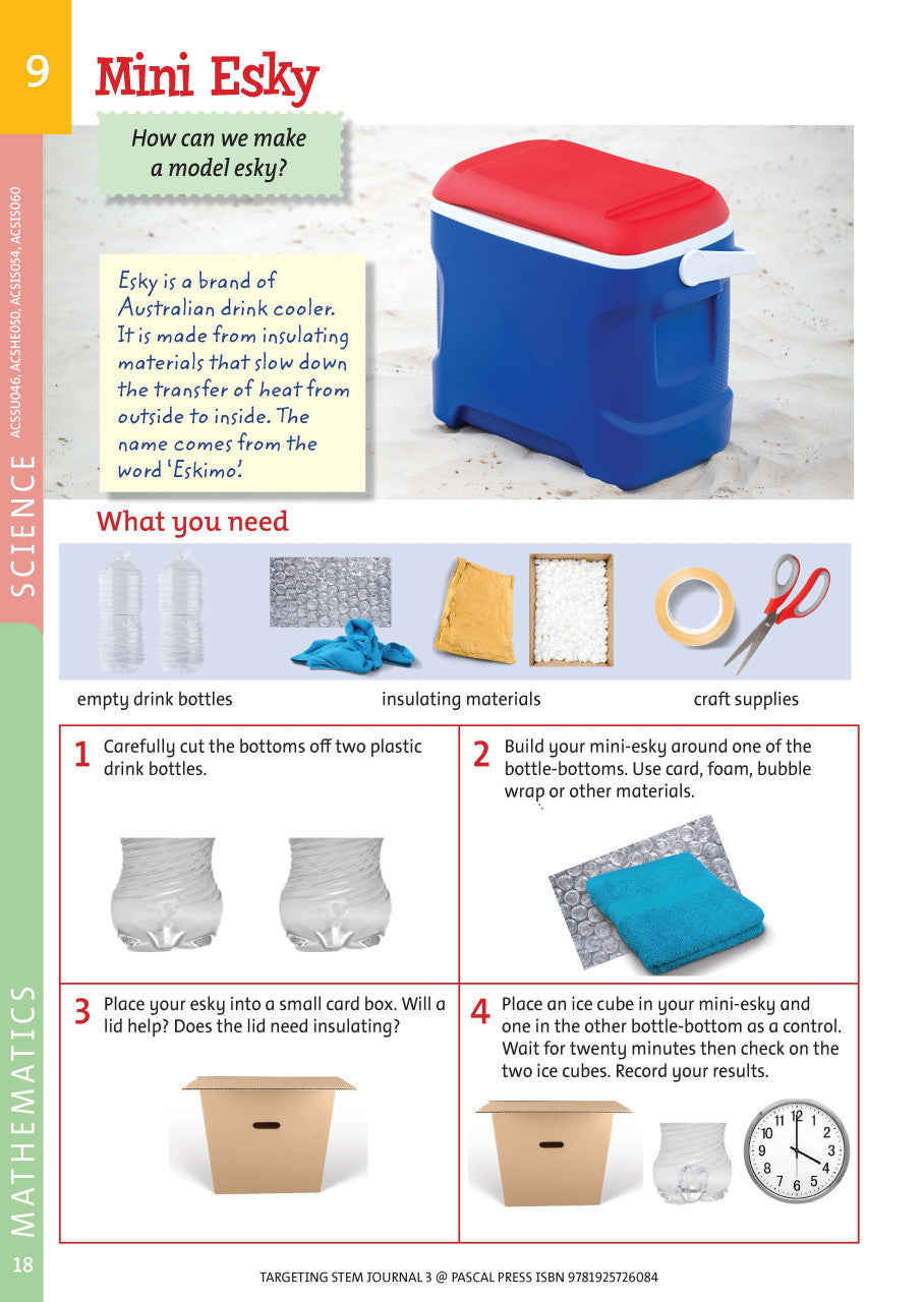 Sample interior page from Targeting STEM Year 3 showing part of a STEM project and its journal page