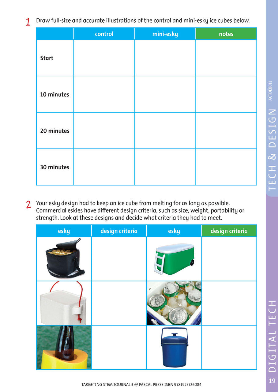 Sample interior page from Targeting STEM Year 3 showing part of a STEM project and its journal page