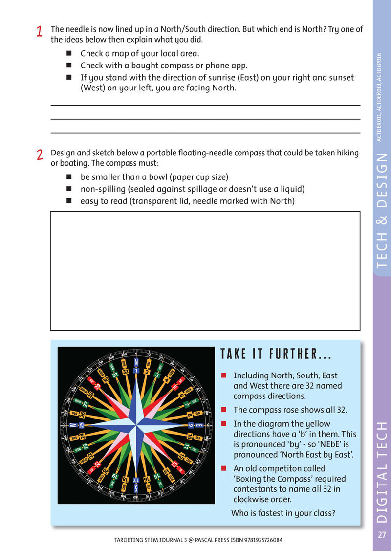 Sample interior page from Targeting STEM Year 3 showing part of a STEM project and its journal page