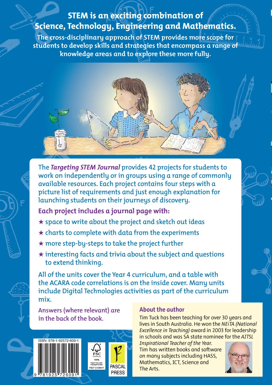 Back cover of Targeting STEM Year 4 by Tim Tuck, the Pascal Press STEM project journal