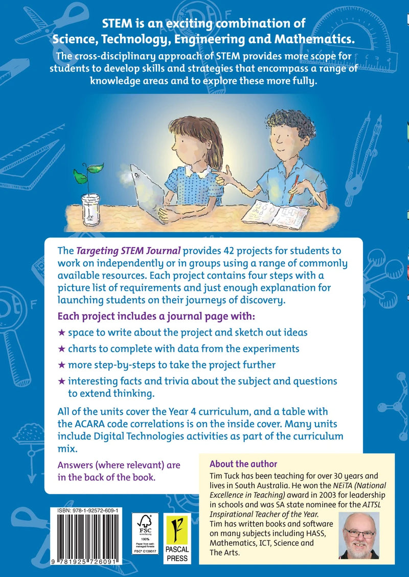 Back cover of Targeting STEM Year 4 by Tim Tuck, the Pascal Press STEM project journal
