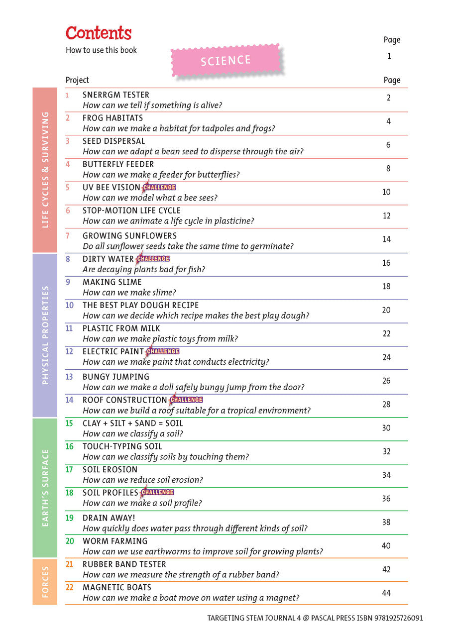 Sample interior page from Targeting STEM Year 4 showing part of a STEM project and its journal page