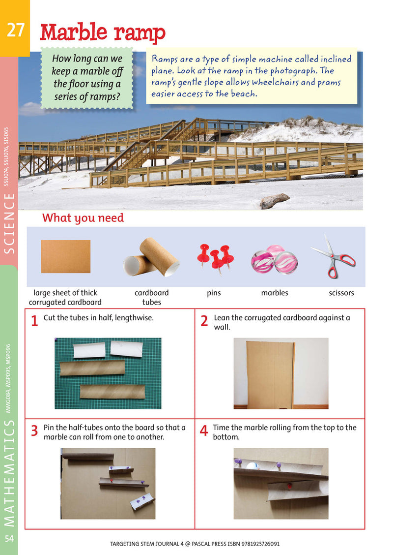 Sample interior page from Targeting STEM Year 4 showing part of a STEM project and its journal page