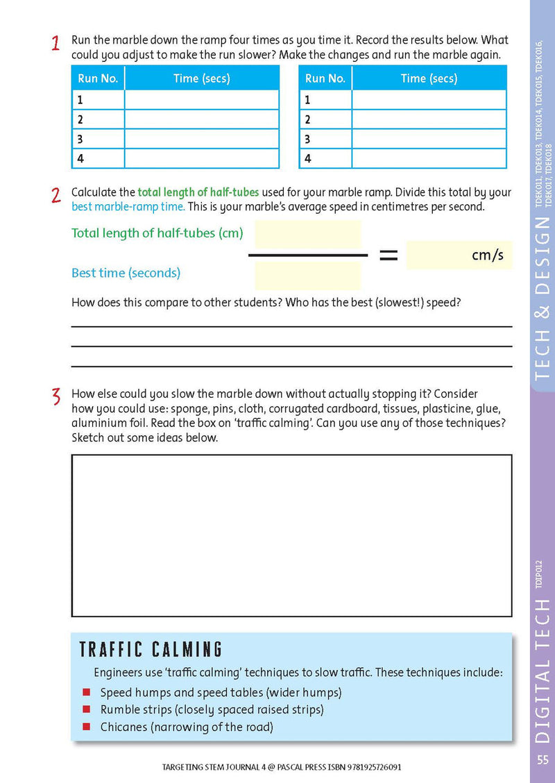 Sample interior page from Targeting STEM Year 4 showing part of a STEM project and its journal page
