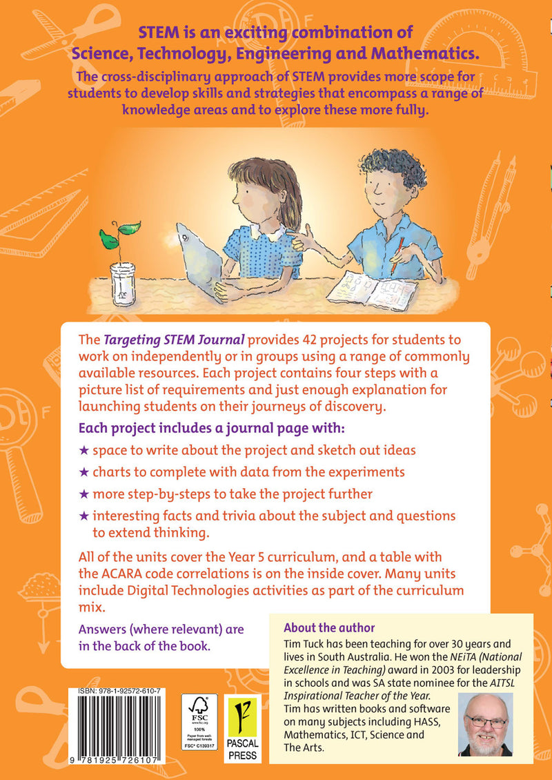 Back cover of Targeting STEM Year 5 by Tim Tuck, the Pascal Press STEM project journal