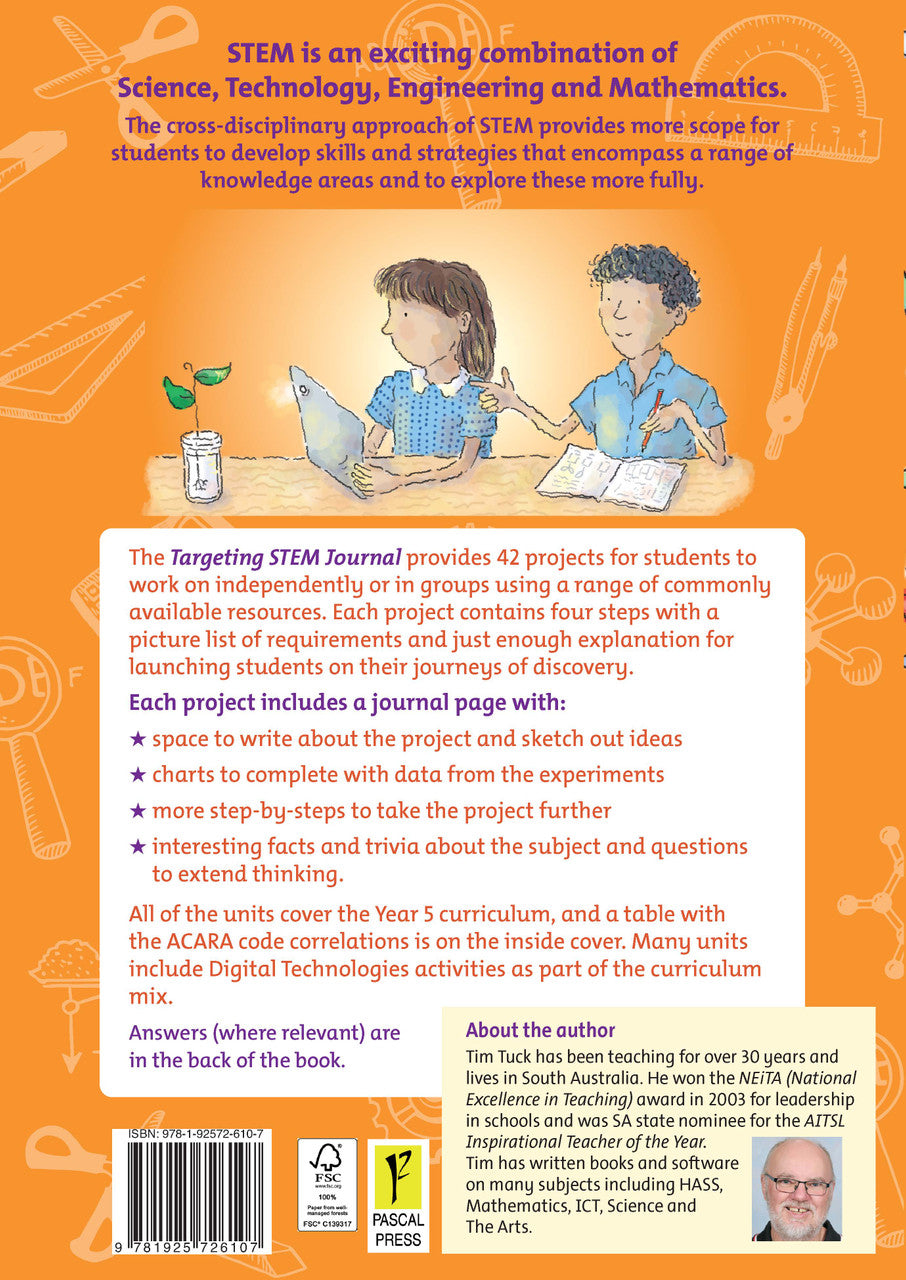 Back cover of Targeting STEM Year 5 by Tim Tuck, the Pascal Press STEM project journal
