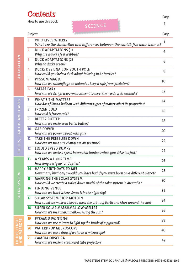 Sample interior page from Targeting STEM Year 5 showing part of a STEM project and its journal page