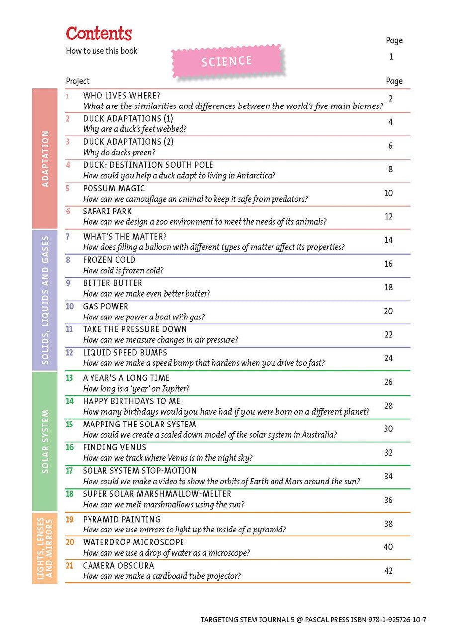 Sample interior page from Targeting STEM Year 5 showing part of a STEM project and its journal page