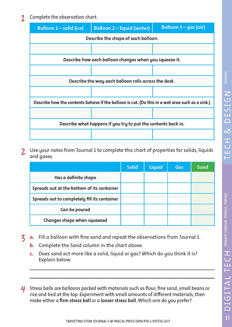 Sample interior page from Targeting STEM Year 5 showing part of a STEM project and its journal page
