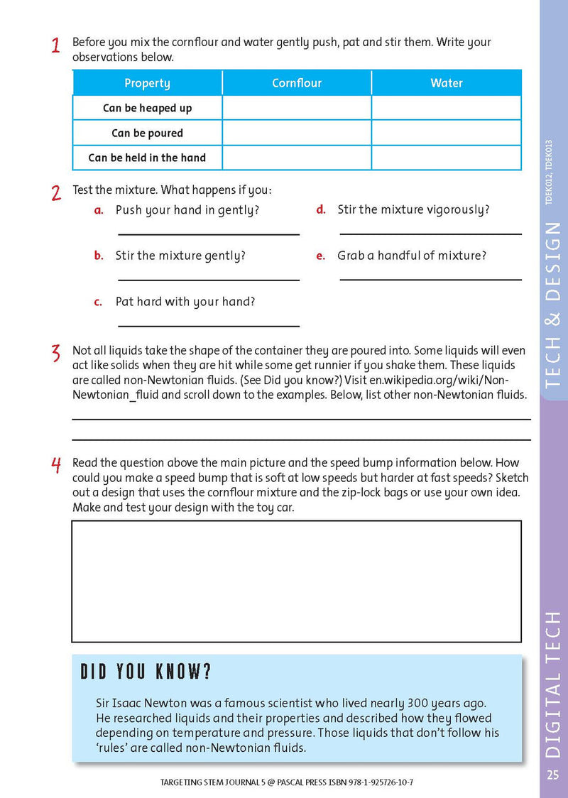 Sample interior page from Targeting STEM Year 5 showing part of a STEM project and its journal page