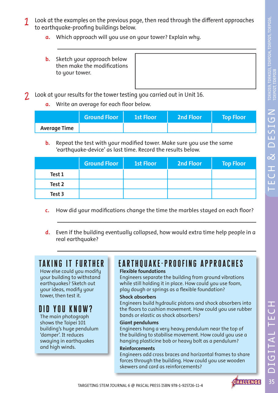 Sample interior page from Targeting STEM Year 6 showing part of a STEM project and its journal page