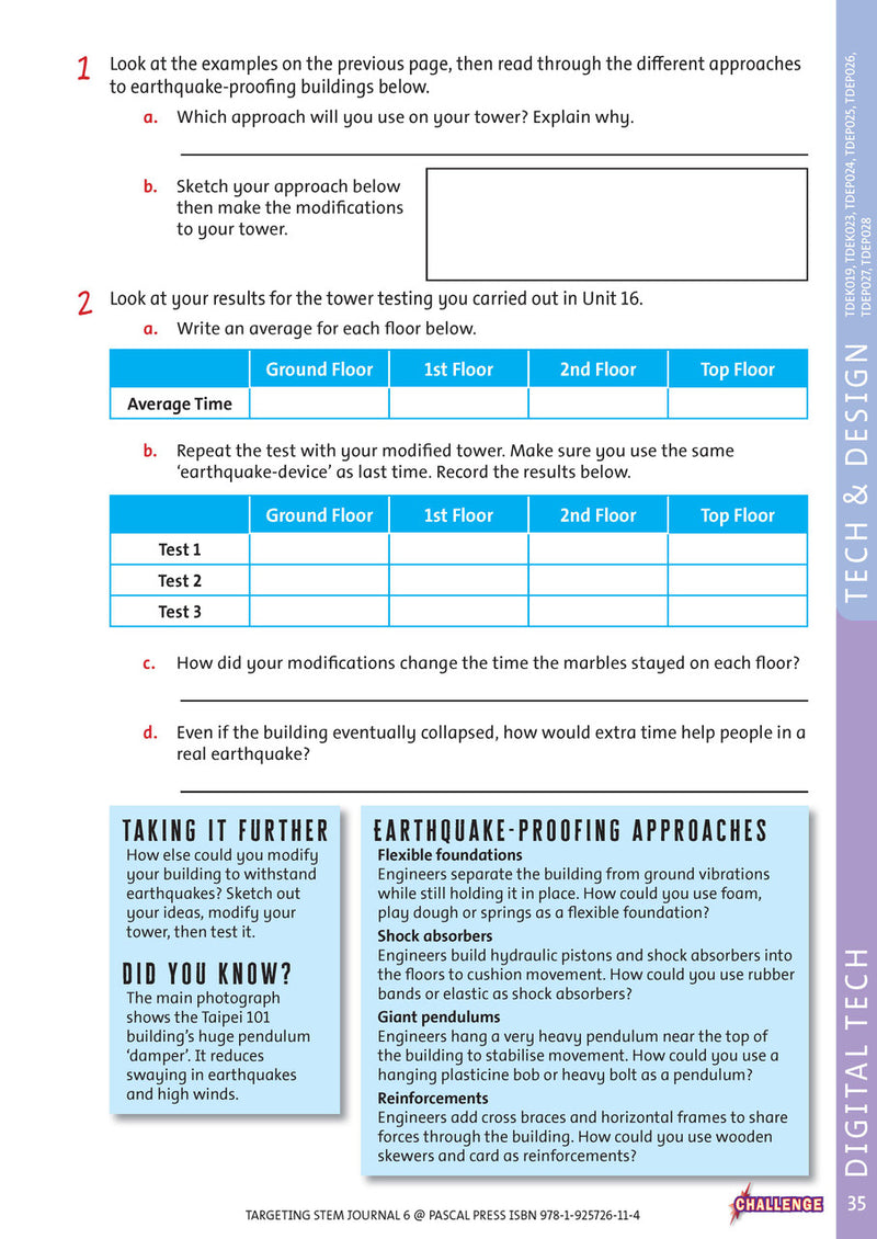 Sample interior page from Targeting STEM Year 6 showing part of a STEM project and its journal page
