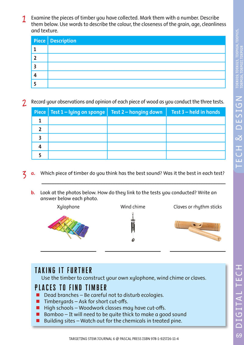 Sample interior page from Targeting STEM Year 6 showing part of a STEM project and its journal page
