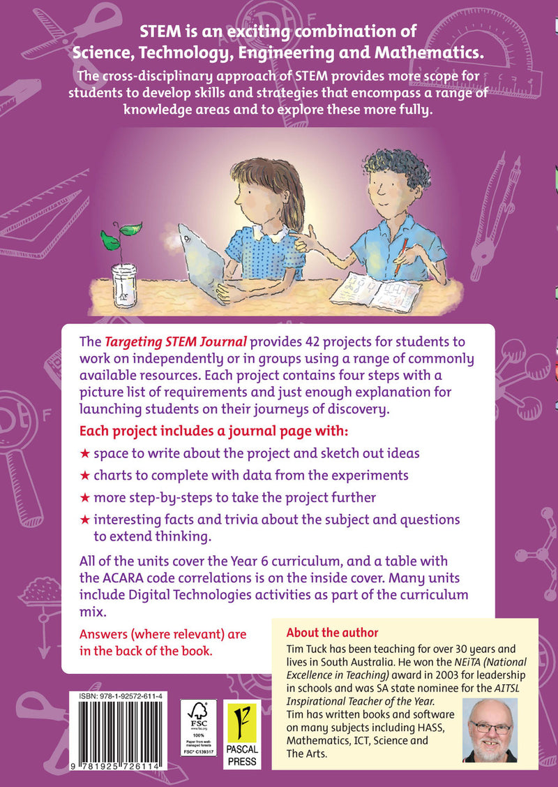 Back cover of Targeting STEM Year 6 by Tim Tuck, the Pascal Press STEM project journal