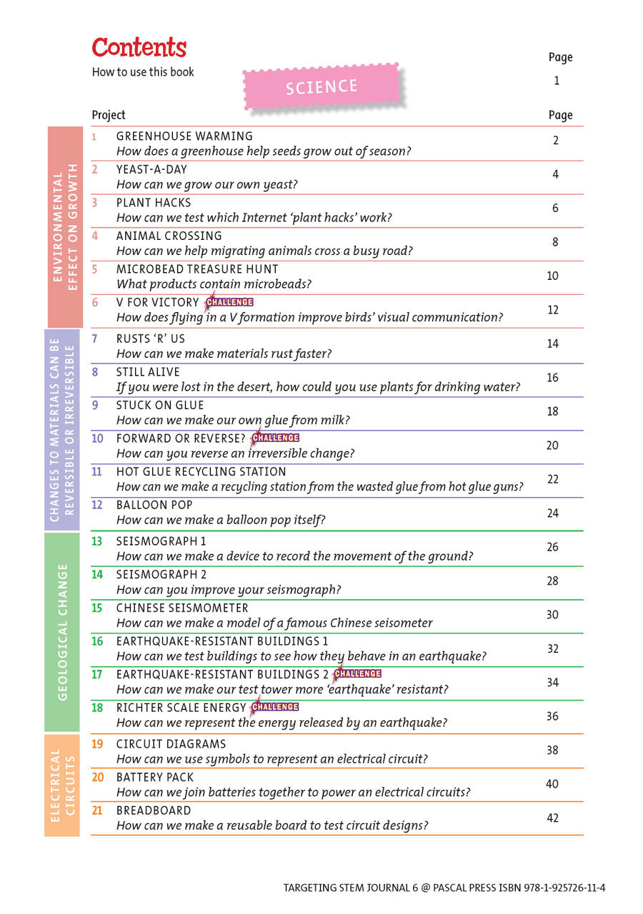 Sample interior page from Targeting STEM Year 6 showing part of a STEM project and its journal page