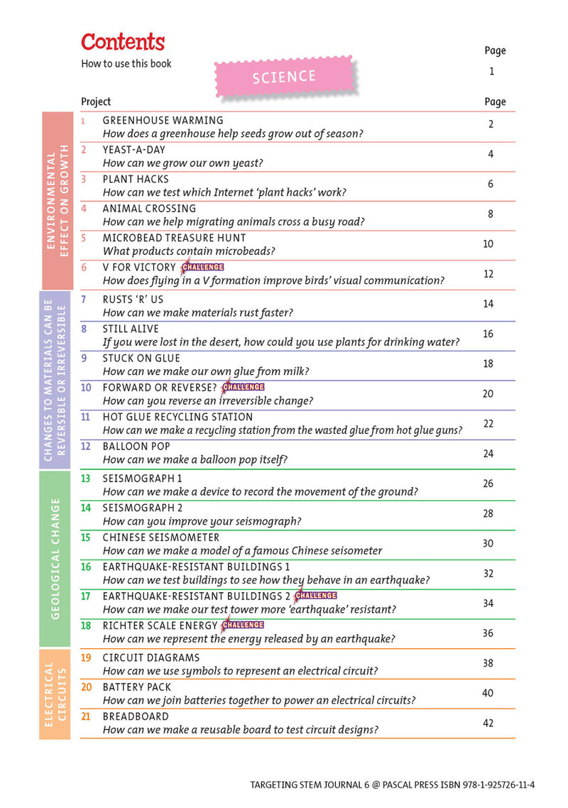 Sample interior page from Targeting STEM Year 6 showing part of a STEM project and its journal page