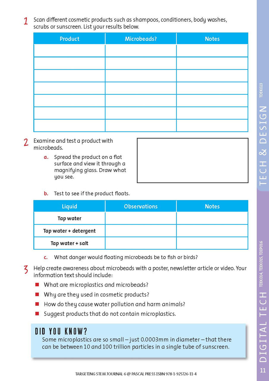 Sample interior page from Targeting STEM Year 6 showing part of a STEM project and its journal page