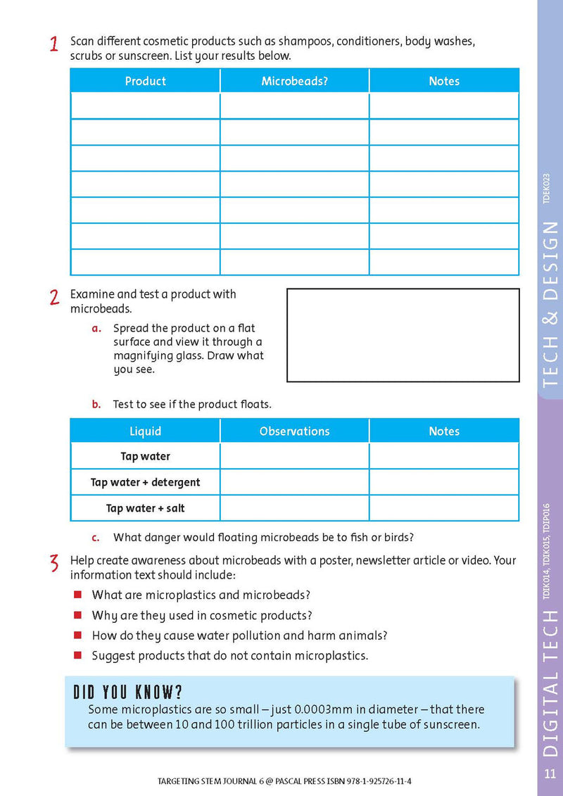 Sample interior page from Targeting STEM Year 6 showing part of a STEM project and its journal page
