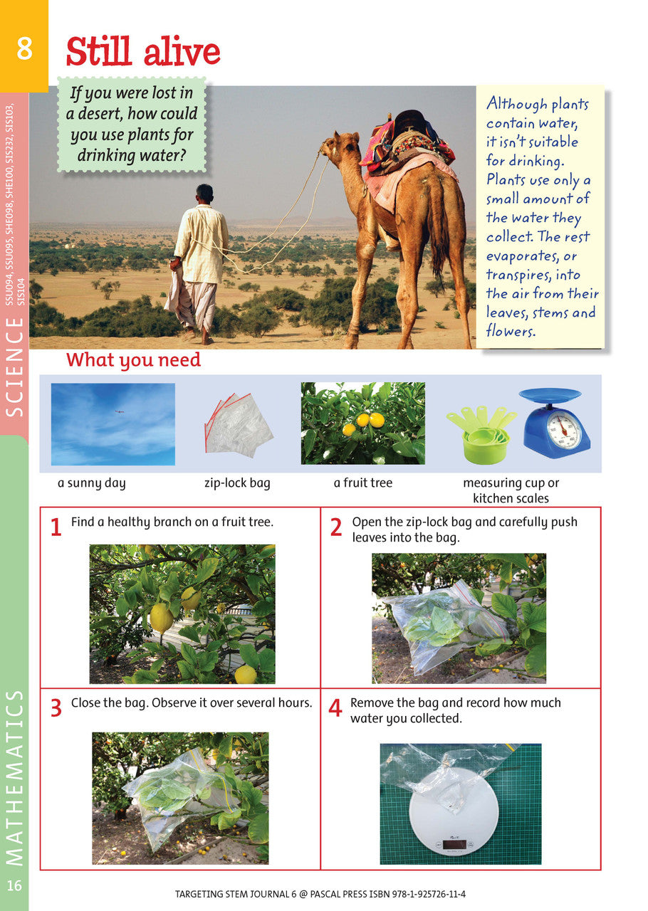 Sample interior page from Targeting STEM Year 6 showing part of a STEM project and its journal page