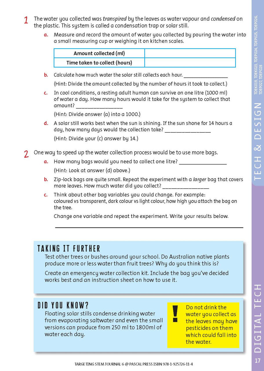 Sample interior page from Targeting STEM Year 6 showing part of a STEM project and its journal page