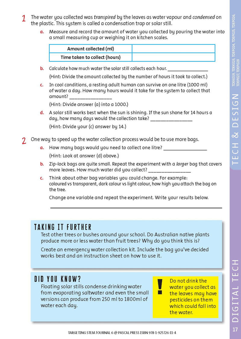 Sample interior page from Targeting STEM Year 6 showing part of a STEM project and its journal page