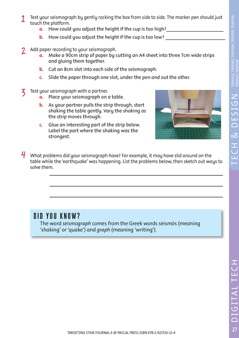 Sample interior page from Targeting STEM Year 6 showing part of a STEM project and its journal page