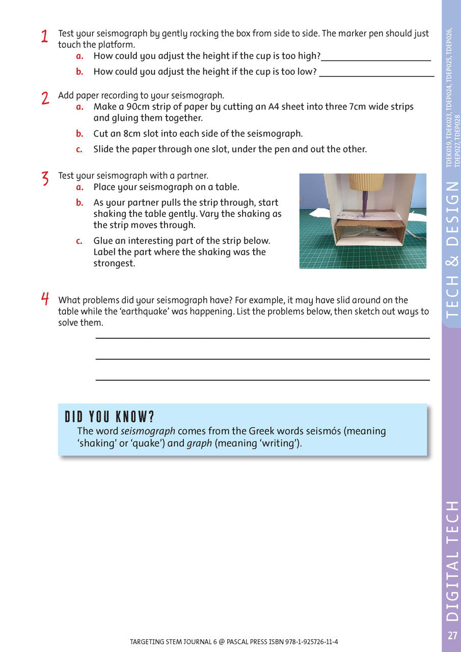 Sample interior page from Targeting STEM Year 6 showing part of a STEM project and its journal page