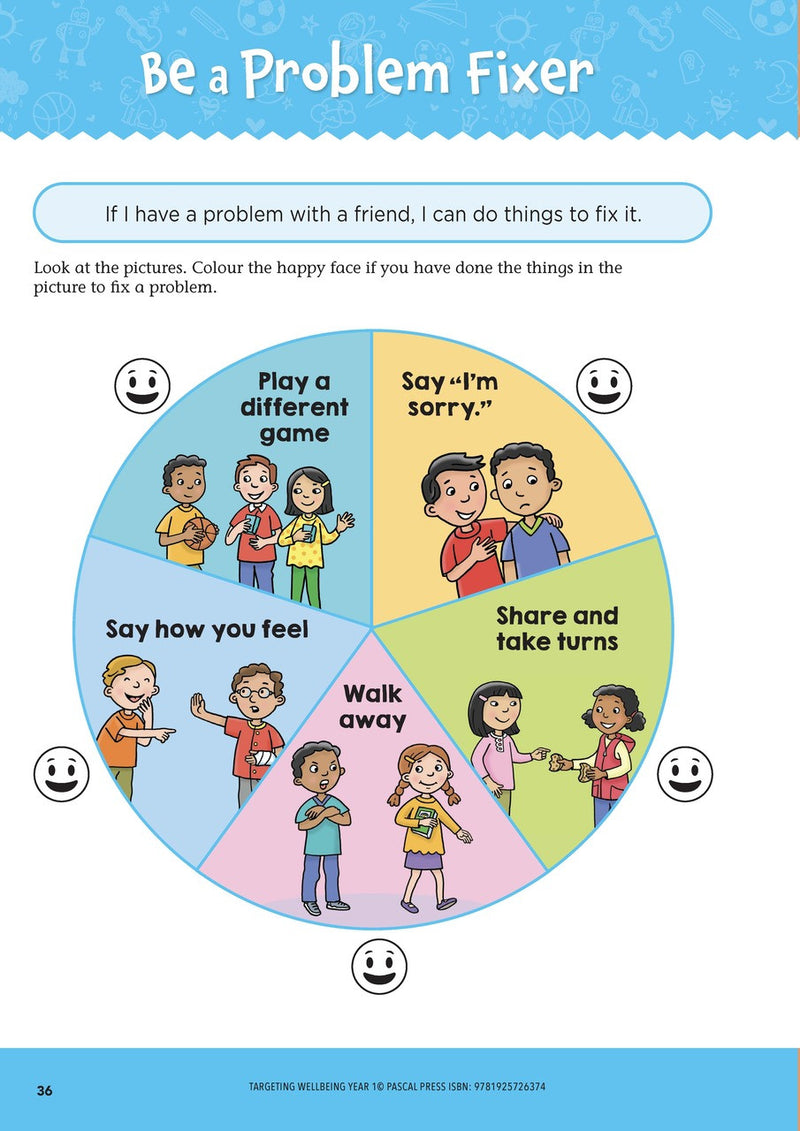 Sample page from Targeting Wellbeing Year 1 showing one of the social and emotional skills activities inside the book