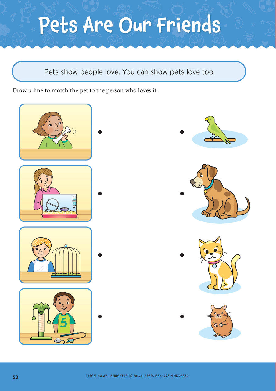 Sample page from Targeting Wellbeing Year 1 showing one of the social and emotional skills activities inside the book