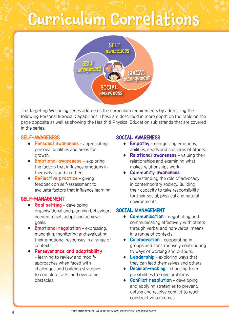 Sample page from Targeting Wellbeing Year 1 showing one of the social and emotional skills activities inside the book