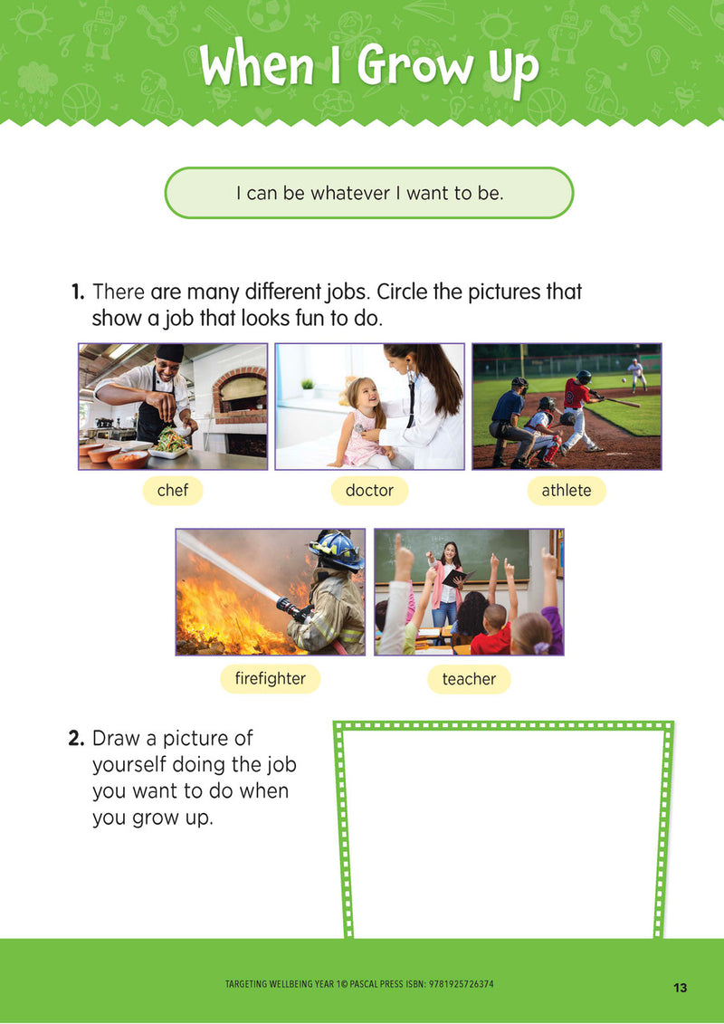 Sample page from Targeting Wellbeing Year 1 showing one of the social and emotional skills activities inside the book