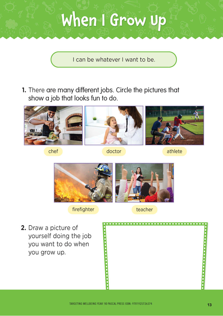 Sample page from Targeting Wellbeing Year 1 showing one of the social and emotional skills activities inside the book