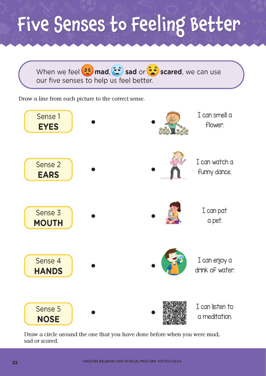 Sample page from Targeting Wellbeing Year 1 showing one of the social and emotional skills activities inside the book