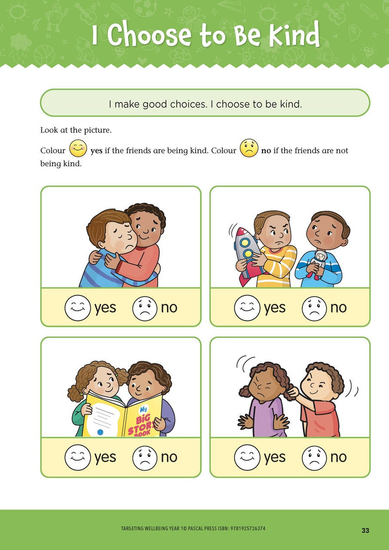Sample page from Targeting Wellbeing Year 1 showing one of the social and emotional skills activities inside the book