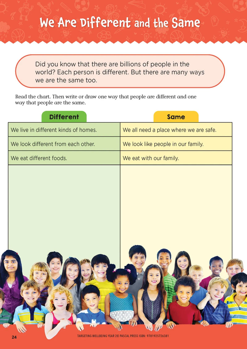 Sample page from Targeting Wellbeing Year 2 showing one of the social and emotional skills activities inside the book