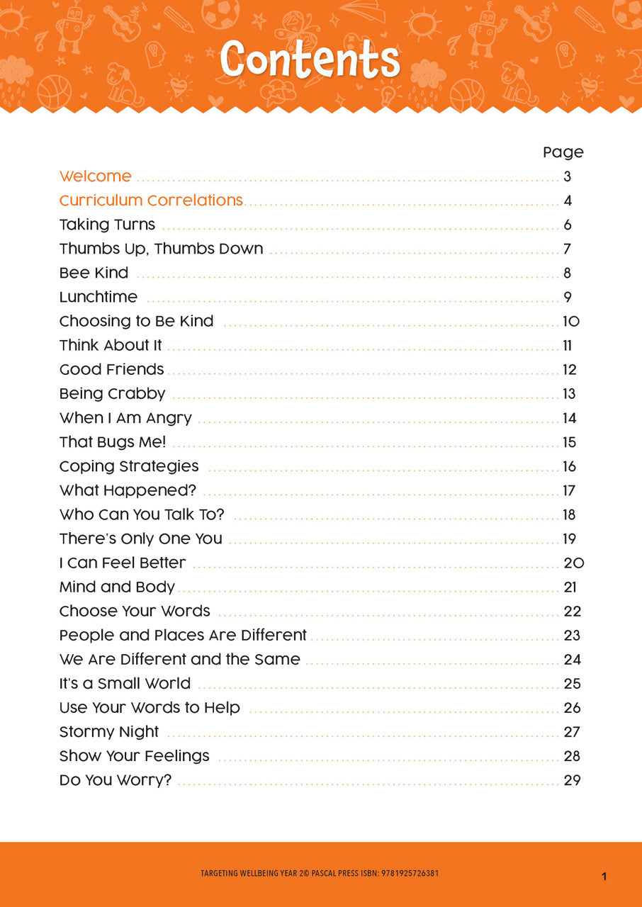 Sample page from Targeting Wellbeing Year 2 showing one of the social and emotional skills activities inside the book