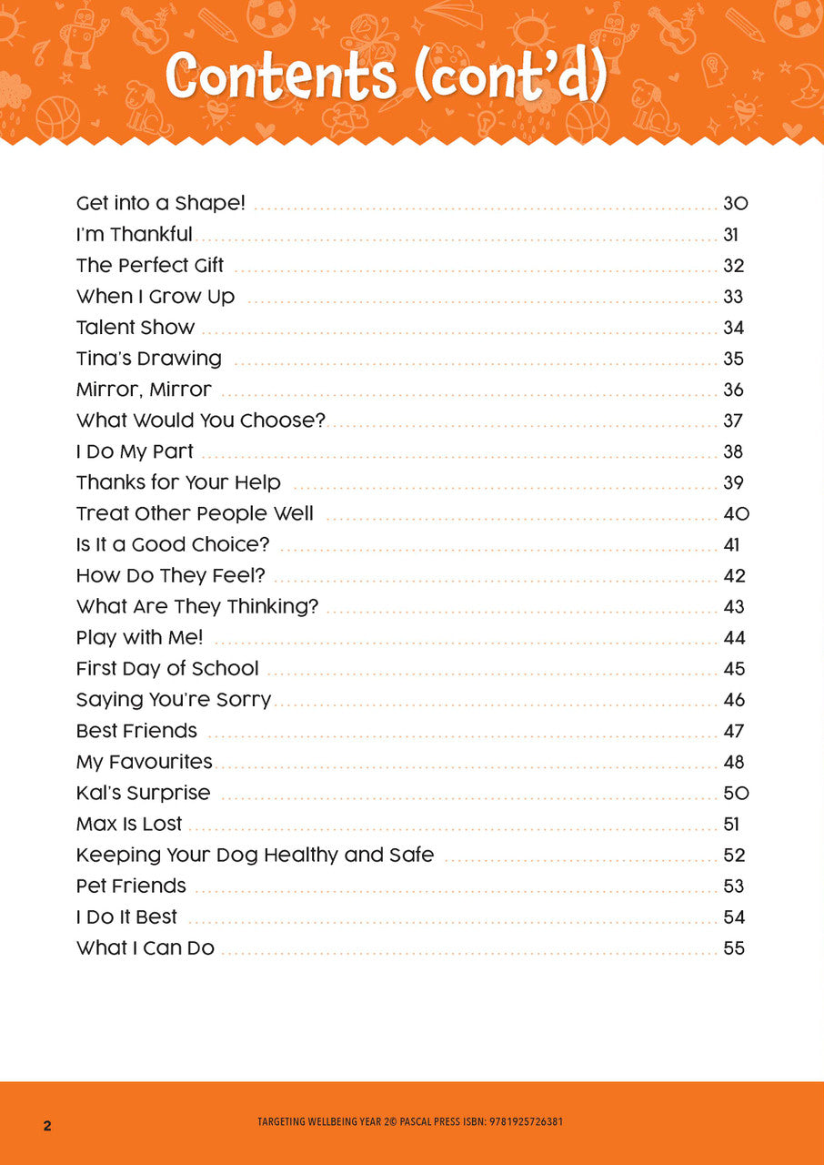 Sample page from Targeting Wellbeing Year 2 showing one of the social and emotional skills activities inside the book