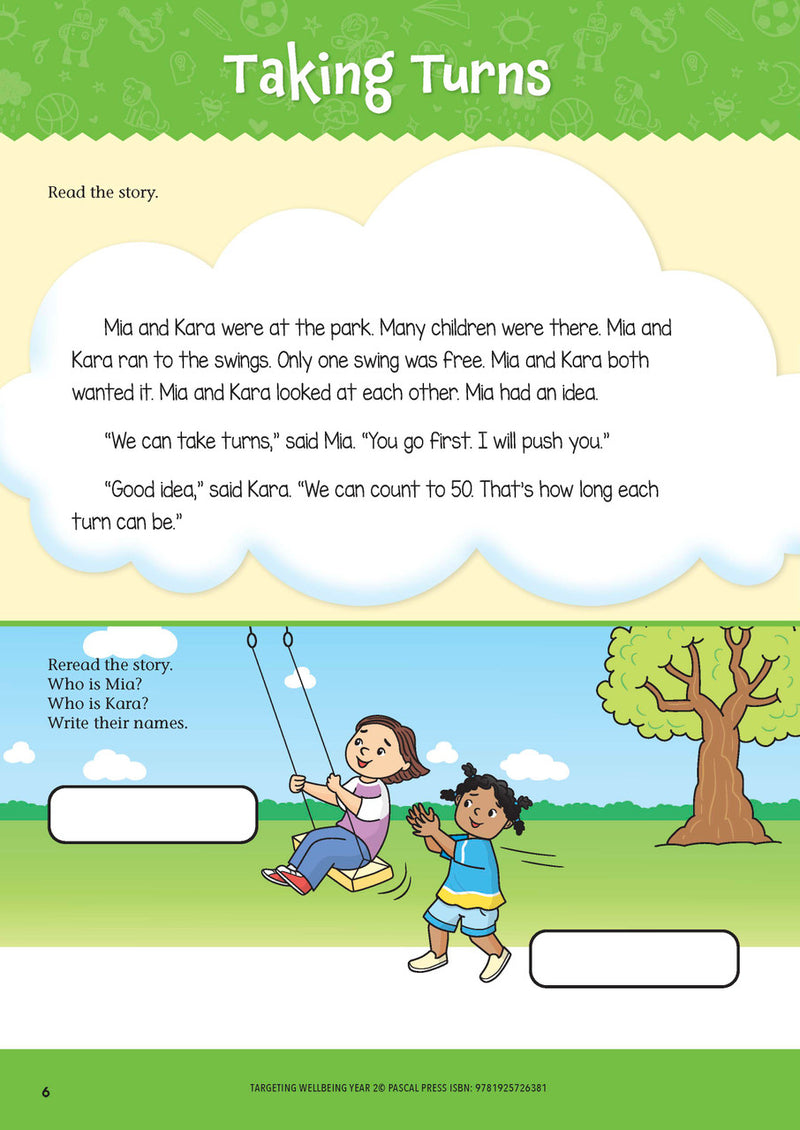 Sample page from Targeting Wellbeing Year 2 showing one of the social and emotional skills activities inside the book