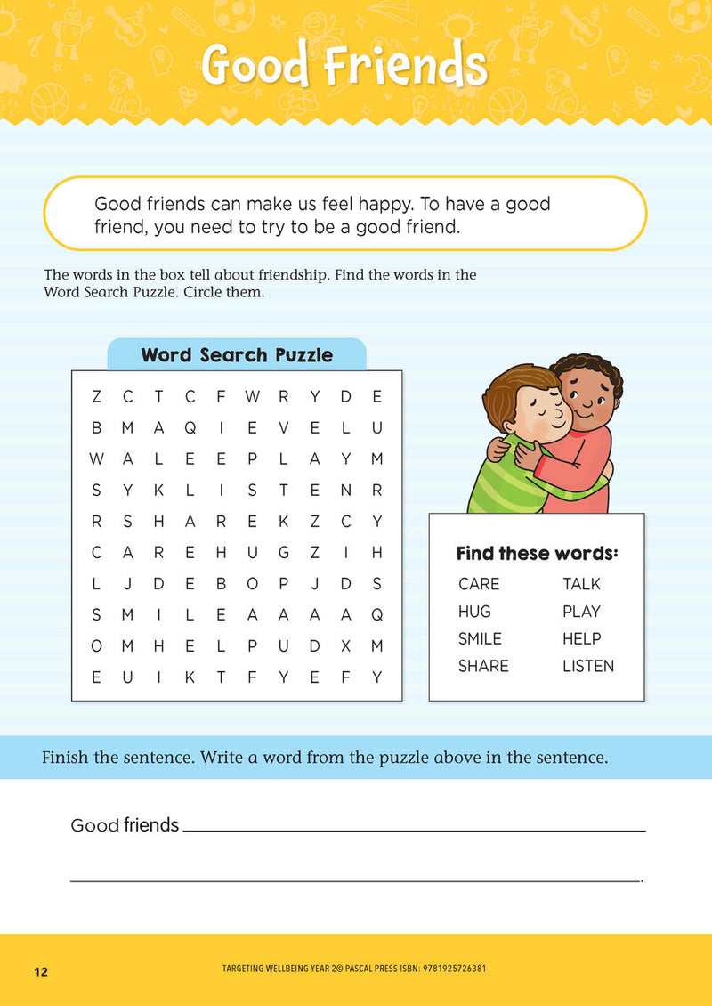Sample page from Targeting Wellbeing Year 2 showing one of the social and emotional skills activities inside the book