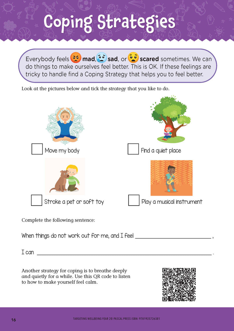 Sample page from Targeting Wellbeing Year 2 showing one of the social and emotional skills activities inside the book