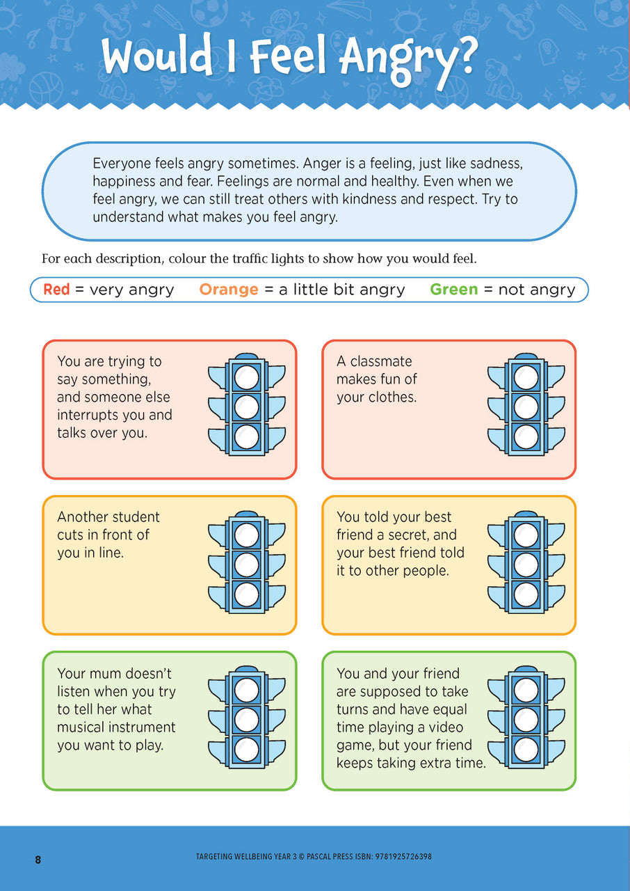 Sample page from Targeting Wellbeing Year 3 showing one of the social and emotional skills activities inside the book