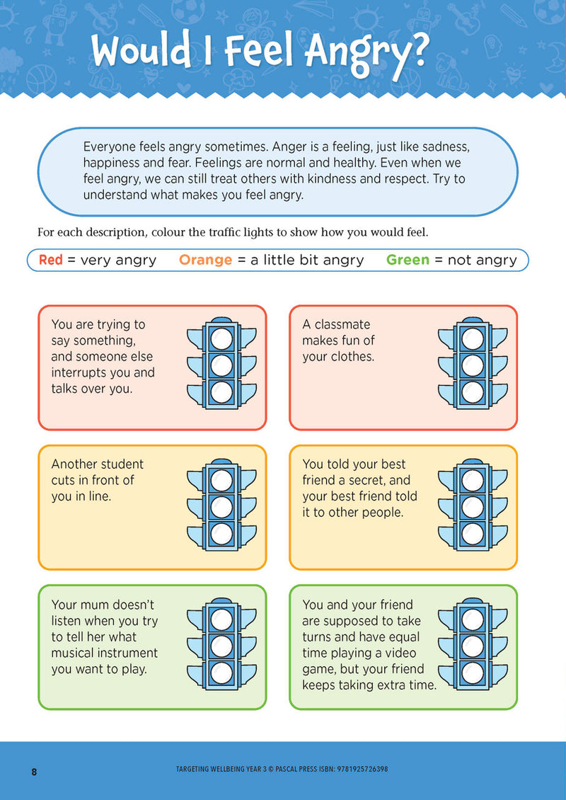 Sample page from Targeting Wellbeing Year 3 showing one of the social and emotional skills activities inside the book