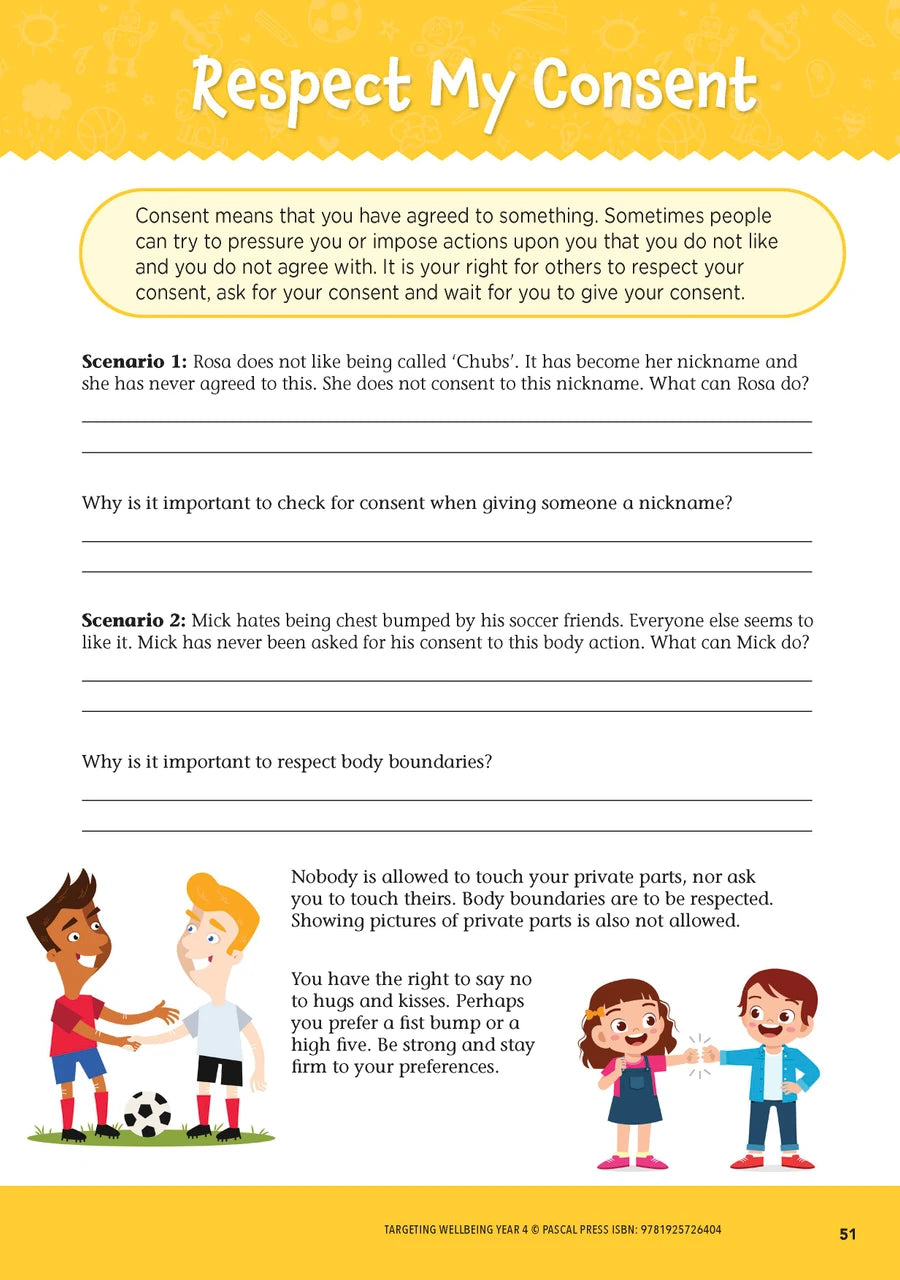Sample page from Targeting Wellbeing Year 4 showing one of the social and emotional skills activities inside the book