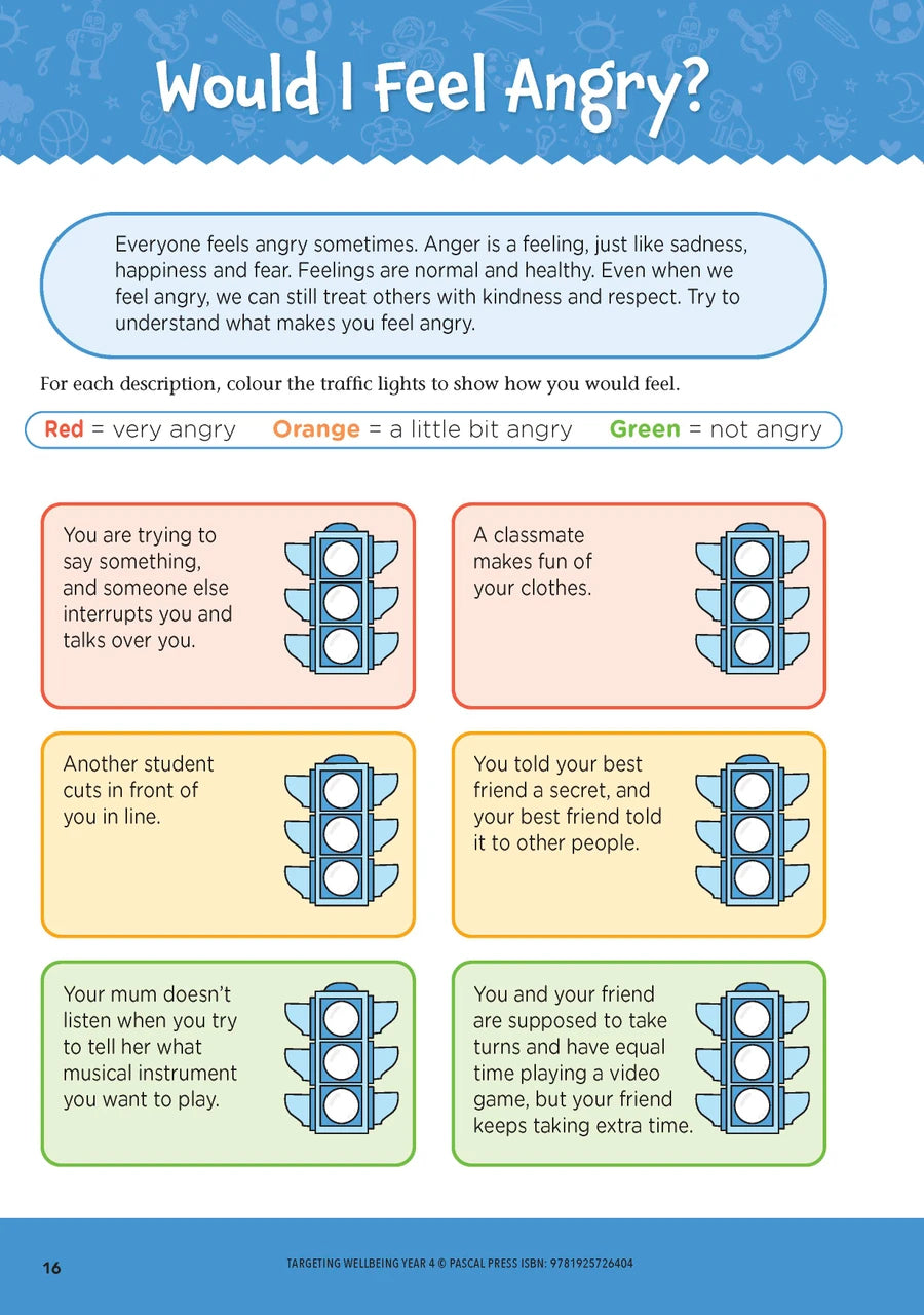 Sample page from Targeting Wellbeing Year 4 showing one of the social and emotional skills activities inside the book
