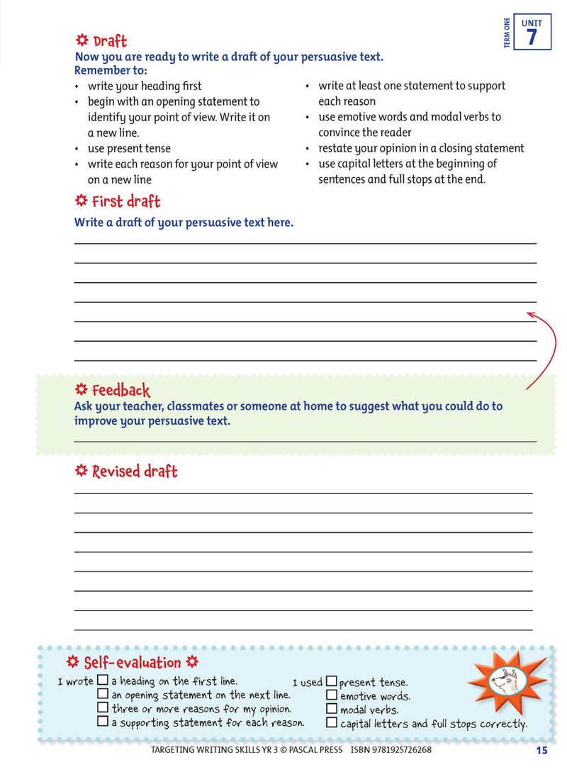 Sample interior page from Targeting Writing Skills Year 3 showing part of a writing unit